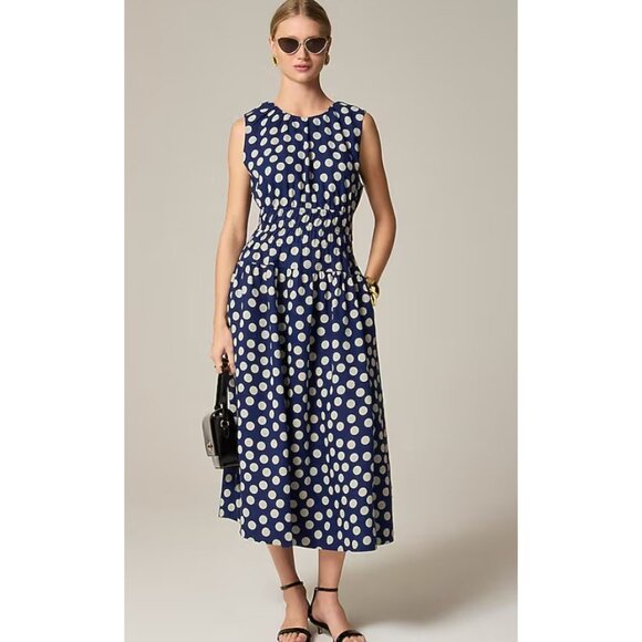 NWT J. Crew Hyacinth Dress Blue Polka-Dot Linen - L - Picture 1 of 6